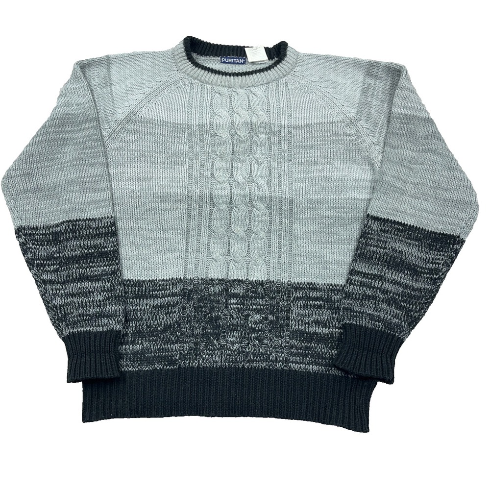 Vintage Grandpa Sweater Men Large Gray Black Cable Knit Colorblock Y2K Cosby *